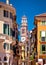 Verona colorful street and Lamberti tower view