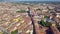 Verona, Italy: Aerial view of Castelvecchio Castle. Flying over the historic city center  with typical Italian apartment rooftops