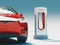 VERONA, ITALY - OCTOBER 26, 2019: Red Tesla Model X electric vehicle charging at Supercharger Station. 3d rendering