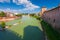 VERONA, ITALY- September 08, 2016: Scenery with Adige River and Ponte della Vittoria from Castelvecchio Bridge