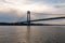 The Verrazano Narrows Bridge connecting Staten Island to Brooklyn as seen from New York Harbor.