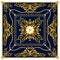 Versace Style Pattern Ready for Textile. Scarf Design for Silk Print. Golden Baroque with Chains on Dark Blue Background.