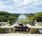 Versailles Castle gardens with fountain & tourists