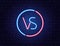 Versus logo neon. Red vs blue team. Battle headline banner. Fight competition. Match, game design element. Neon bright