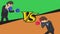 Versus screen. Businessman battle wearing boxing gloves. Green vs Orange. Business fight between Green and Orange teams.