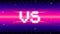 Versus sign with arcade game style with pixel letters over synthwave landscape. 80s styled VS emblem for competition