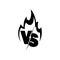 Versus sign surrounded by flames. Black and white symbol.