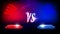 Versus VS sign with blue and red empty podiums or pedestals, glow sparks and smoke on black background. Sport confrontation,