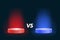 Versus VS sign with blue and red empty podiums or pedestals, glow sparks and smoke on black background. Sport confrontation,