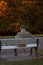 Vertcal shot of an elder man sitting on the bench in the park with autumn trees in the background