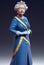 Vertical 3D figure of Queen Elizabeth II in a blue gown with a serious face