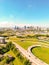 Vertical aerial cityscape view of Nashville with its modern roads and buildings