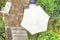 Vertical aerial photograph of a bright parasol on a terrace, tak