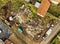 Vertical aerial view of a completely demolished house with the rubble and remains of the building