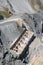 Vertical aerial view of military barrack ruins on Mont Chaberton in the French Alps