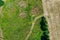 Vertical aerial view of the roof of a factory next to a densely overgrown fallow area