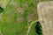 Vertical aerial view of the roof of a factory next to a densely overgrown fallow area