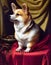 Vertical AI-generated illustration of a furry dog, Corgi posing for a portrait in a studio