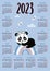 Vertical annual calendar for 2023 for 12 months with cute panda on rainbow. Vector illustration. Vertical template in