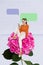 Vertical artwork collage picture of mini positive girl sit big flourish flower use smart phone chatting dialogue bubble