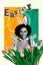 Vertical artwork collage of young funny female Easter time wear cute bunny ears fresh flowers creative colorful