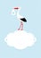 Vertical Baby Card Boy Stork On Cloud Dots Background Blue