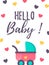 Vertical baby shower card with a cute baby carriage. Itâ€™s a girl