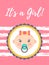 Vertical baby shower card with a cute baby girl. Itâ€™s a girl