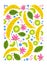 Vertical backdrop, card or poster template decorated with exotic fresh banana and kiwi fruits and blooming tropical