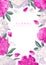 Vertical backdrop with white and pink peonies flowers, leaves and petals.