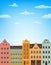 Vertical background with retro houses over blue sky with clouds