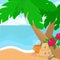 Vertical banner sea tropical coast with palm trees, seashells and hibiscus flowers. Cartoon illustration.