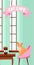 Vertical banner template for cat cafe. Cute fluffy cat sits at cafe table near large French window with paper Coffee Cup.