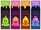 Vertical banners with cute cartoon colorful slimy characters and slime dribbles.