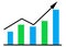 A vertical bar chart with green and light blue bars and black trend arrow pointing up white backdrop