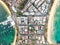 Vertical bird`s eye aerial drone panoramic view of the oceanside suburb of Manly, Sydney, New South Wales, Australia.