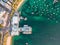 Vertical bird`s eye aerial evening drone view of Manly wharf, part of the oceanside suburb of Manly, Sydney, New South Wales