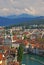 Vertical Birds eye view of city Lucerne, Switzerland with Jesuit Church & riverside Swiss typical buildings along River Reuss