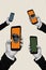 Vertical bizarre pop photo collage of hands holding mobile phones with screaming mouth and hypnotizing video digital