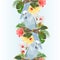 Vertical border seamless background bird Budgerigar, home pet ,blue pet parakeet on a branch bouquet with tropical flowers hibisc