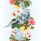 Vertical border seamless background bird Budgerigar, home pet ,blue pet parakeet on a branch bouquet with tropical flowers hibisc