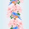 Vertical border seamless background small songbirdon Bluebird  thrush and light pink rhododendron spring background vintage vector