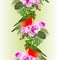 Vertical border seamless background tropical flowers purple and white orchid phalenopsis with small tropical bird   palm,