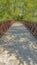 Vertical Bridge with rusty metal guardrails over a lake viewed on a sunny day