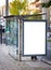 Vertical Bus Stop Advertisement Mockup. Street, Day. People Waiting. Copy Space