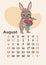Vertical calendar 2023. Month of August. The hare eats a juicy watermelon with a spoon.