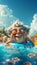 Vertical caricature of a cute grandmother with a float in a beach full of people