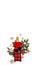 Vertical Christmas banner with champagne bottle in checkered bag on white background.
