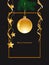 Vertical Christmas card, yellow glass ball and fir tree branch