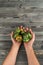Vertical close up shot of cropped man hands holding fresh, juicy green bell pepper vegetable on wooden table background